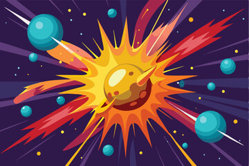 Wall Mural - A vibrant illustration of a cosmic explosion featuring a center planet and surrounding colorful planets in a dynamic space setting