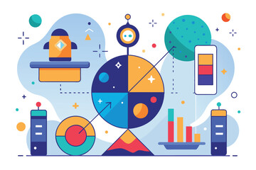 Poster - Colorful digital design and creativity concept featuring various shapes, a pencil, a tablet, and a vibrant backdrop, illustrating inspiration and modern technology