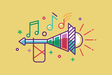 Poster - Colorful illustration of a vintage horn emitting musical notes and vibrant patterns on a bright yellow background, showcasing a lively and cheerful atmosphere