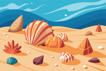 Poster - Colorful shell collection on a sandy beach with gentle waves in the background during a sunny day, showcasing unique shapes and patterns