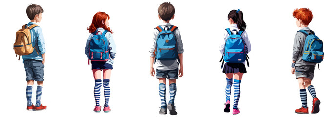 Illustration from behind girls and boys with a blue backpack and striped socks