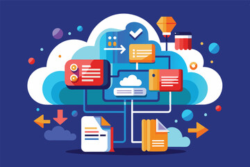 Aufkleber - Colorful cloud computing illustration depicting data management processes and workflow in a digital environment