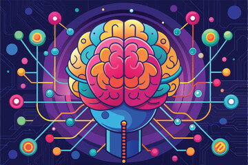 Poster - A colorful digital illustration of a brain connected to various technology nodes, symbolizing the fusion of neuroscience and artificial intelligence in a futuristic setting