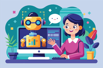 Poster - a woman interacts with a friendly robot on a computer screen while sitting at her desk surrounded by