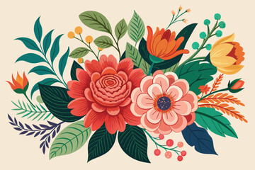 Poster - Brightly colored floral arrangement featuring various blooms and foliage, set against a soft background, perfect for celebration or decoration, showcasing vibrant hues of orange, red, and green