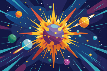 Wall Mural - A vibrant illustration of a cosmic explosion featuring a center planet and surrounding colorful planets in a dynamic space setting