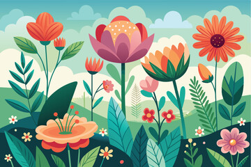 Wall Mural - A vibrant display of colorful flowers in a lush garden under a clear blue sky, showcasing a variety of shapes and sizes, with gentle hills in the background bathed in warm sunlight