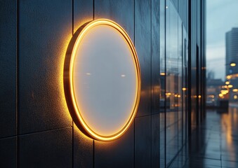 Canvas Print - Illuminated Round Sign on a Modern Building