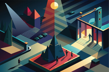 Poster - A colorful abstract representation of a geometric landscape featuring structures and figures under varying light conditions and shadows
