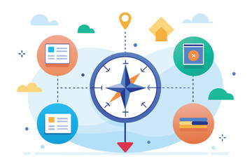 Aufkleber - A modern illustration depicting a compass surrounded by various icons representing navigation, documents, and information in a digital setting