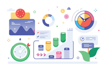 Leinwandbilder - Colorful and engaging digital illustration of data analytics concepts including charts, graphs, and icons depicting productivity and time management in a modern workspace