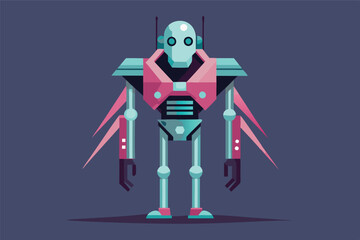 Aufkleber - A colorful robot character design standing against a purple background, showcasing a modern, stylized aesthetic with sharp lines and vibrant colors