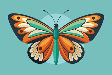Poster - A colorful butterfly with intricate wing patterns resting against a teal background, showcasing its vivid orange, green, and cream colors in a serene and artistic setting