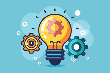 Fototapete - Creative light bulb with gears representing innovation and ideas on a blue background emphasizing technology and imagination in a playful, modern design