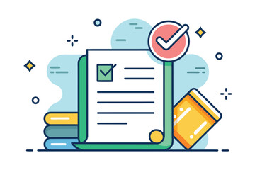 Fototapete - A checklist with completed tasks and colorful stationary items on a desk representing organization and productivity during a study session
