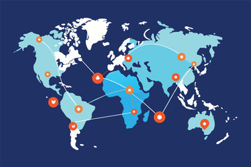 Poster - Global connections illustrated on a stylized map showcasing major continents, countries, and network links representing international relationships in modern communication