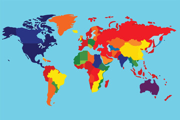 Poster - Colorful world map depicting geographic regions and continents with distinct colors representing different areas captured against a light blue background
