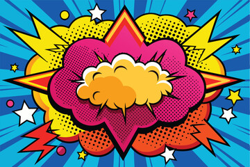 Poster - Brightly colored comic-style explosion with stars and lightning bolts set against a vibrant blue background depicting excitement and energy