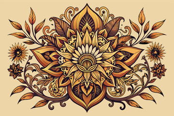 Poster - Beautiful intricate floral design featuring leaves and a central flower on a warm beige background, ideal for decoration or inspiration in artistic projects