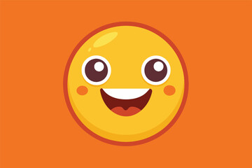 Poster - A cheerful yellow emoji with big eyes and a wide smile against a vibrant orange background, radiating happiness and positivity