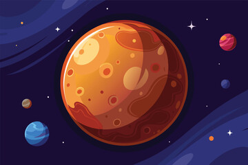 Wall Mural - A vibrant digital illustration of Mars with surrounding planets and a dark, starry space backdrop, showcasing the beauty of our solar system