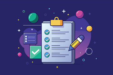 Leinwandbilder - A colorful checklist on a clipboard with checkmarks, surrounded by abstract shapes, representing organization and task management in a modern workspace