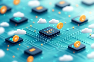 Digital technology with data symbols and cloud computing. Ideal for illustrating modern data analysis and network systems.