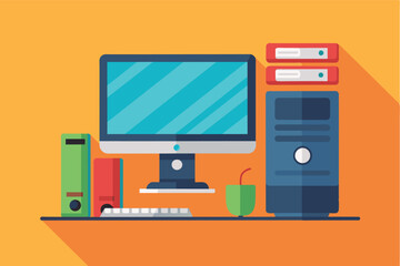 Aufkleber - A modern workspace setup featuring a computer, filing cabinets, and folders on a vibrant orange background, ideal for productivity and organization