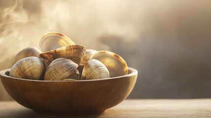 a bowl of clams with shells slightly open and a hint of steam against an isolated warm-toned background