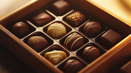 Wall Mural - a box of assorted chocolates with pralines, caramels, and ganache centers against an isolated warm-toned background