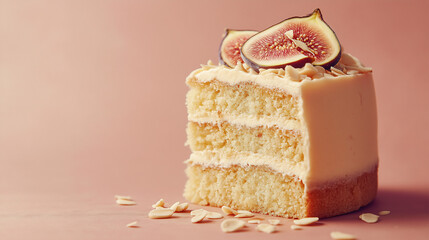 a fig and almond cake slice with fig slices and almond flakes on top against an isolated warm-toned background