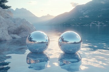 Sticker - Reflective Spheres on a Calm Lake with Mountain Background