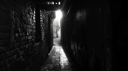 A dark, narrow alleyway with a single light source.