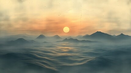 Wall Mural - A beautiful sunset over a body of water with mountains in the background. The sky is filled with clouds and the sun is setting, creating a serene and peaceful atmosphere