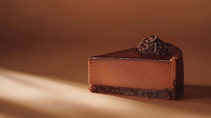 Wall Mural - a slice of chocolate cheesecake with a rich, dark layer of chocolate ganache on top against an isolated warm-toned background