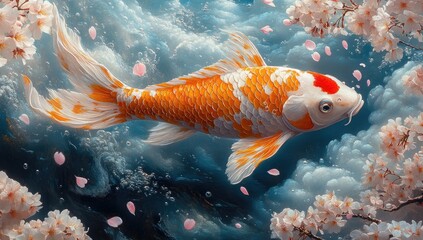 Canvas Print - Koi Fish Surrounded by Cherry Blossoms