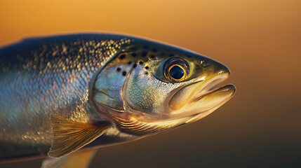 a whole trout with visible scales and a shiny, fresh appearance against an isolated warm-toned background