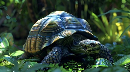 A realistic turtle amidst lush greenery in a vibrant natural setting.