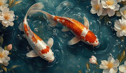 Canvas Print - Koi Fish Swimming in a Pond with Cherry Blossoms