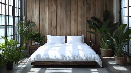 Sticker - A large bed with white sheets and pillows is in a room with a wooden wall and plants. The room has a natural and calming atmosphere