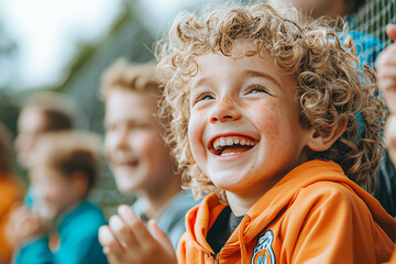 Wall Mural - A young boy with curly hair is smiling and laughing while sitting in a crowd