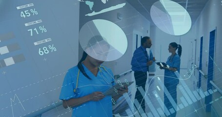 Poster - Animation of data processing and diagrams over asian female doctor using tablet