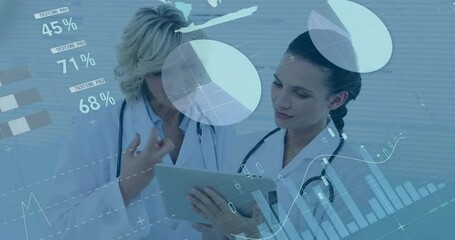 Poster - Animation of data processing and diagrams over caucasian female doctors using tablet