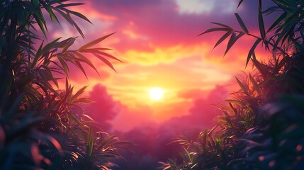 Wall Mural - a vibrant sunset peeks through a frame of lush green bamboo leaves, creating a picturesque natural s
