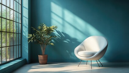 Sticker - Modern Interior Design with a White Armchair and a Plant Against a Teal Wall