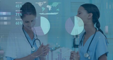 Poster - Animation of data processing and diagrams over diverse female doctors talking