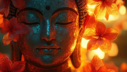 Poster - Peaceful Buddha Statue with Flowers