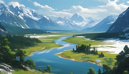 The wide river meanders between the high mountains, the lush forests set off the bright sky, and the snow-capped peaks in the distance, forming a magnificent natural scenery.