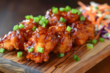 Savory BBQ chicken nuggets with tangy sauce, coleslaw, and green onions in traditional barbecue style