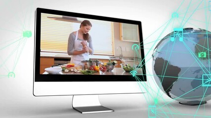 Poster - Animation of network of connections with icons over globe and caucasian woman cooking on screen